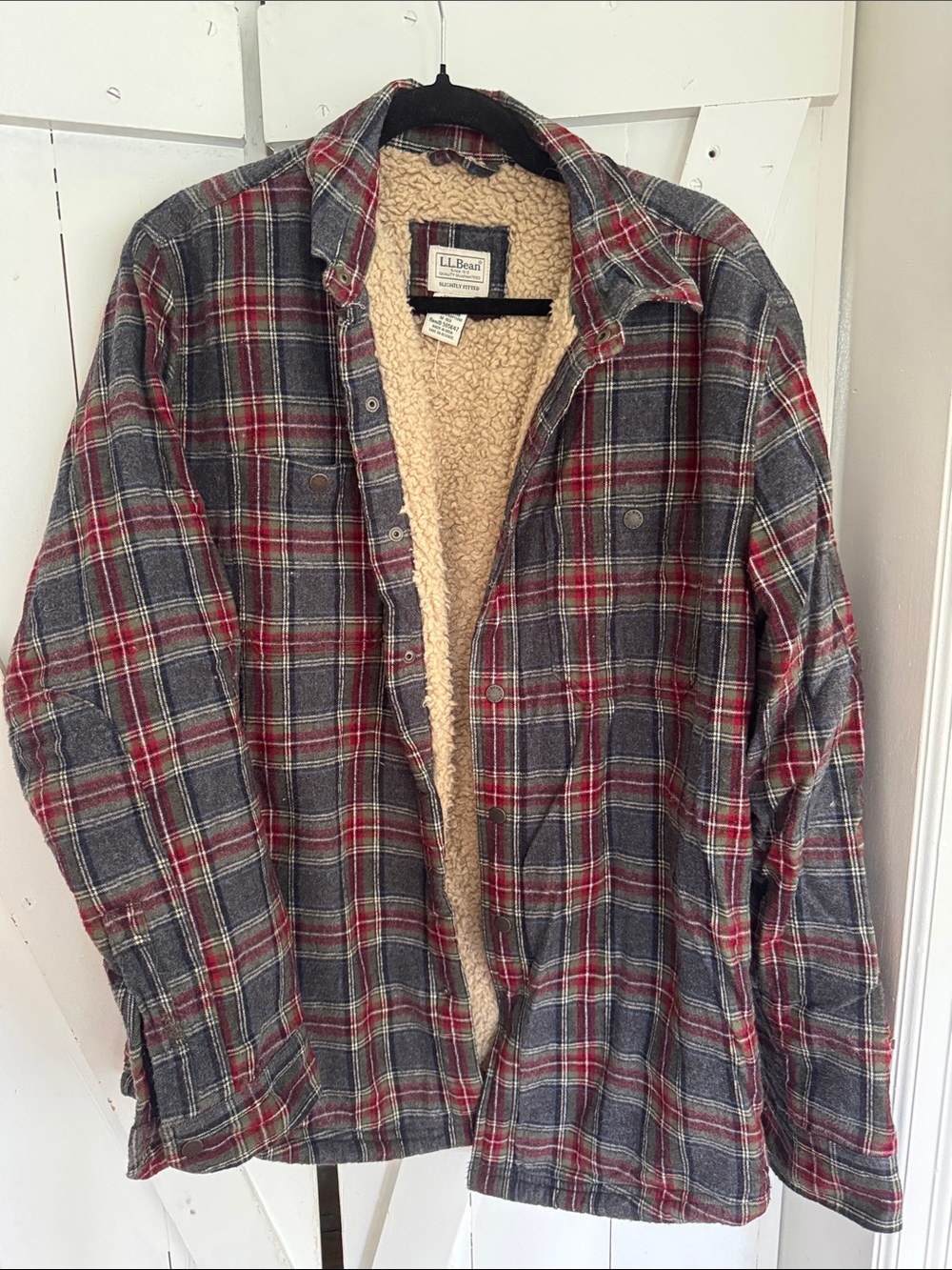 L.L. Bean Red and Gray Plaid Sherpa-Lined Flannel Shirt Jacket